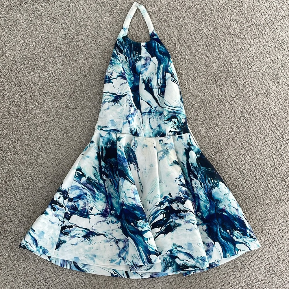 Blue marble halter A line dress, open back small